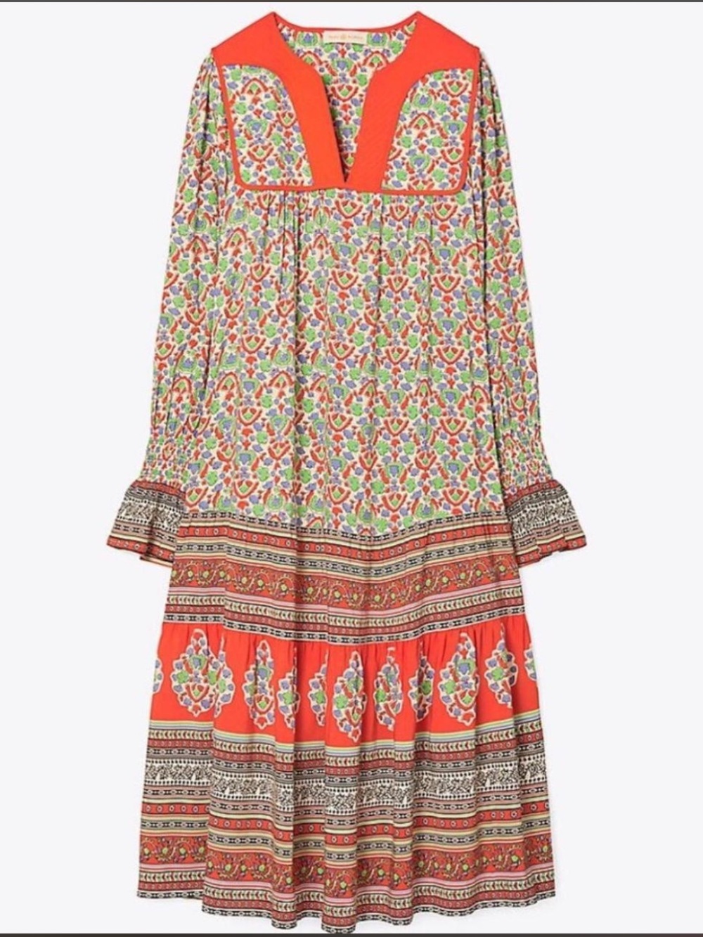 Tory Burch Coral and Multi-Print Long Sleeve Tiered Midi Dress M